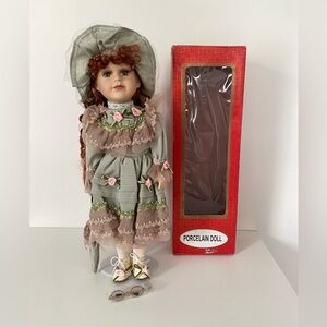 Vintage Porcelain Doll in Victorian Green Dress – Includes Box & Accessories